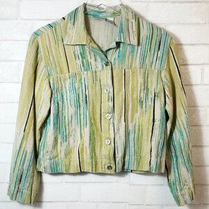 Chico's Linen Blend Green Blue & Cream Striped Button Crop Jacket Women's Size 1